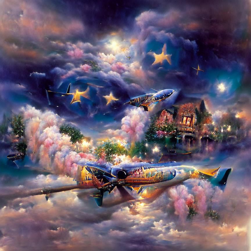 Airplanes as Shooting Stars: Kinkade Style