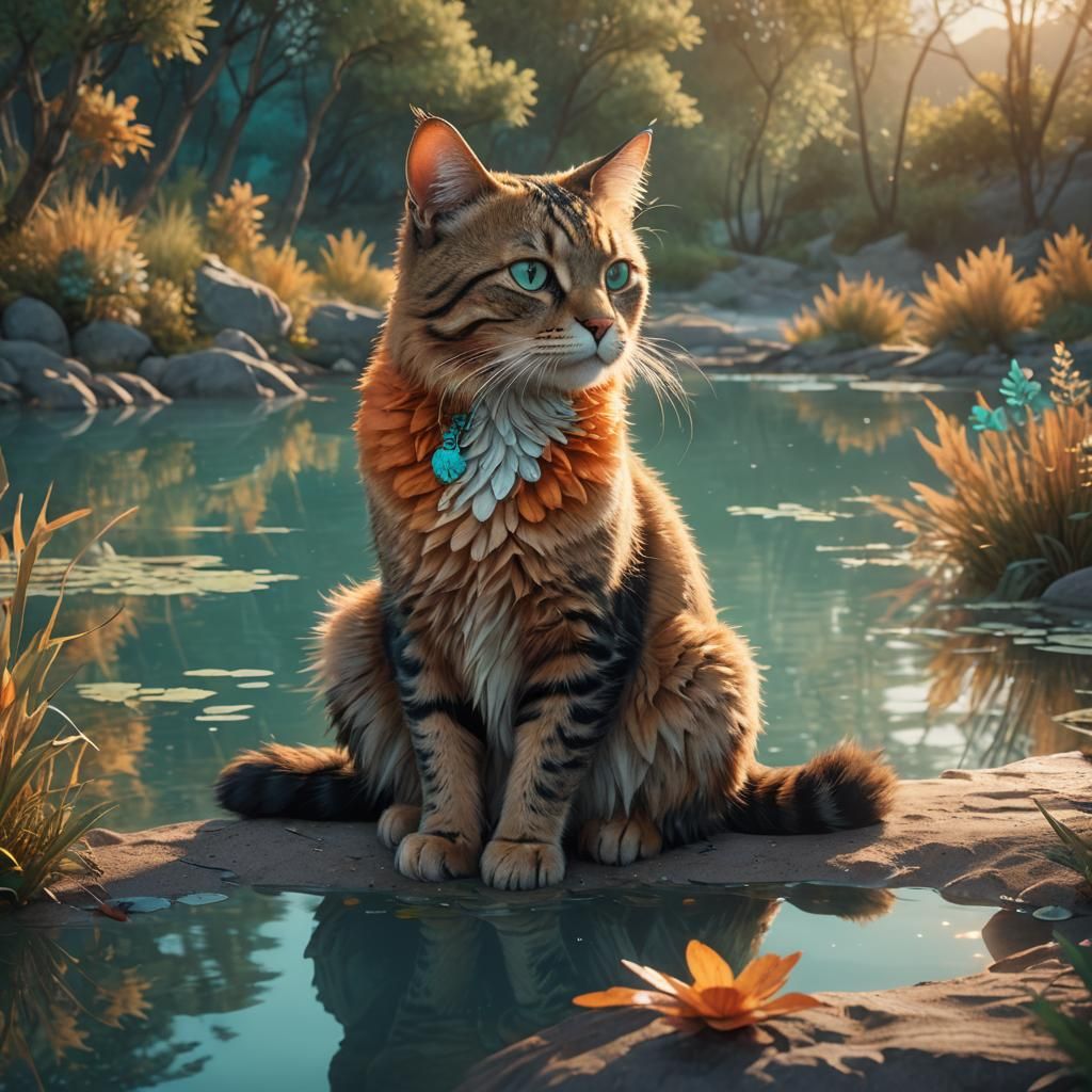 Mystical Cat at Lakeside: Fantasy Concept Art