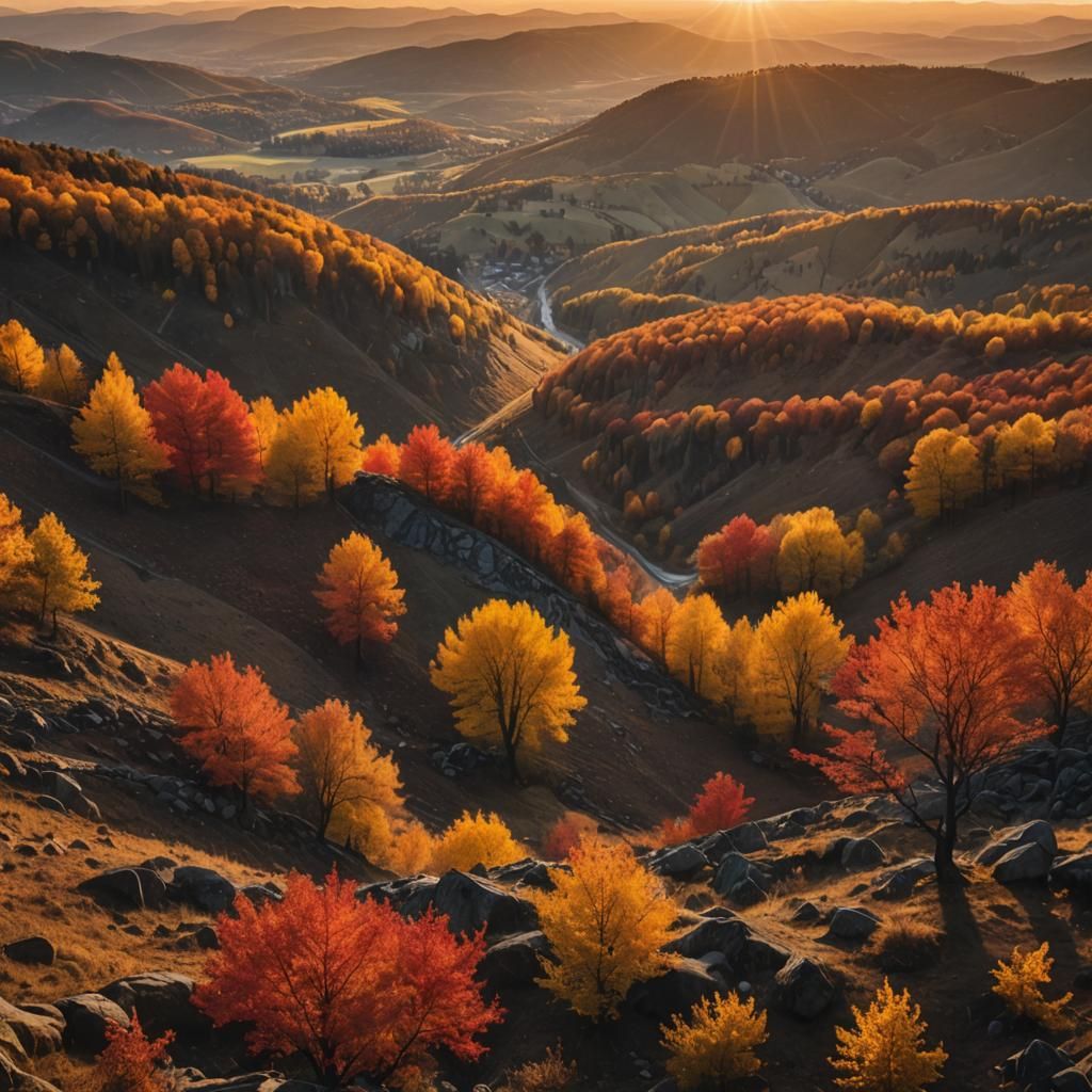 Autumn Sunset Valley in HDR Panoramic Photography