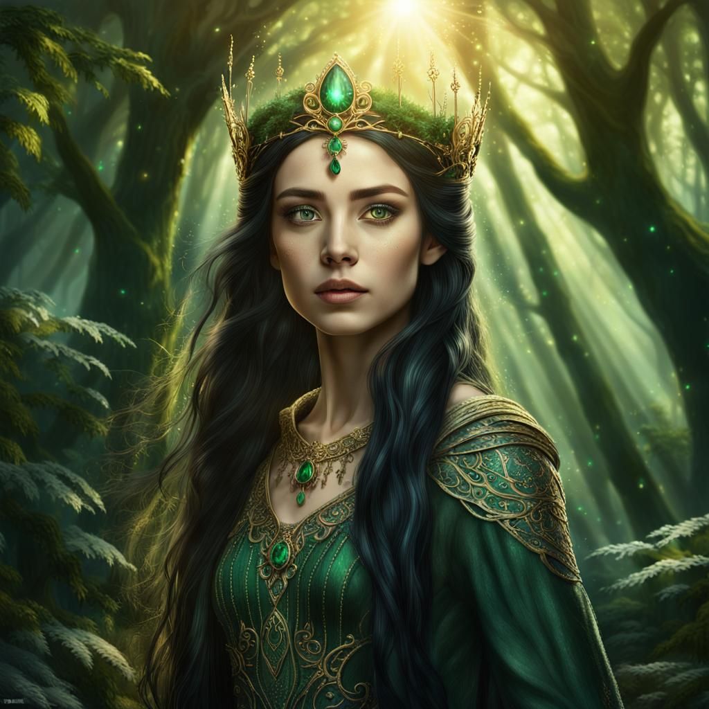 Elven Queen Mab in Sunlit Forest, Digital Art
