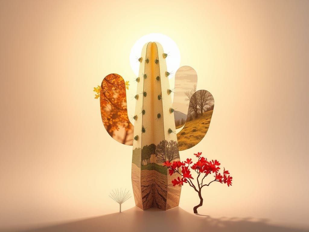Translucent Paper Cactus Sculpture in Double Exposure