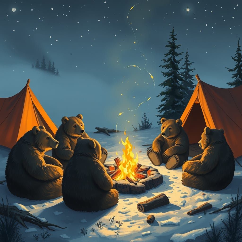 Winter Bears Gather Around a Cozy Campfire