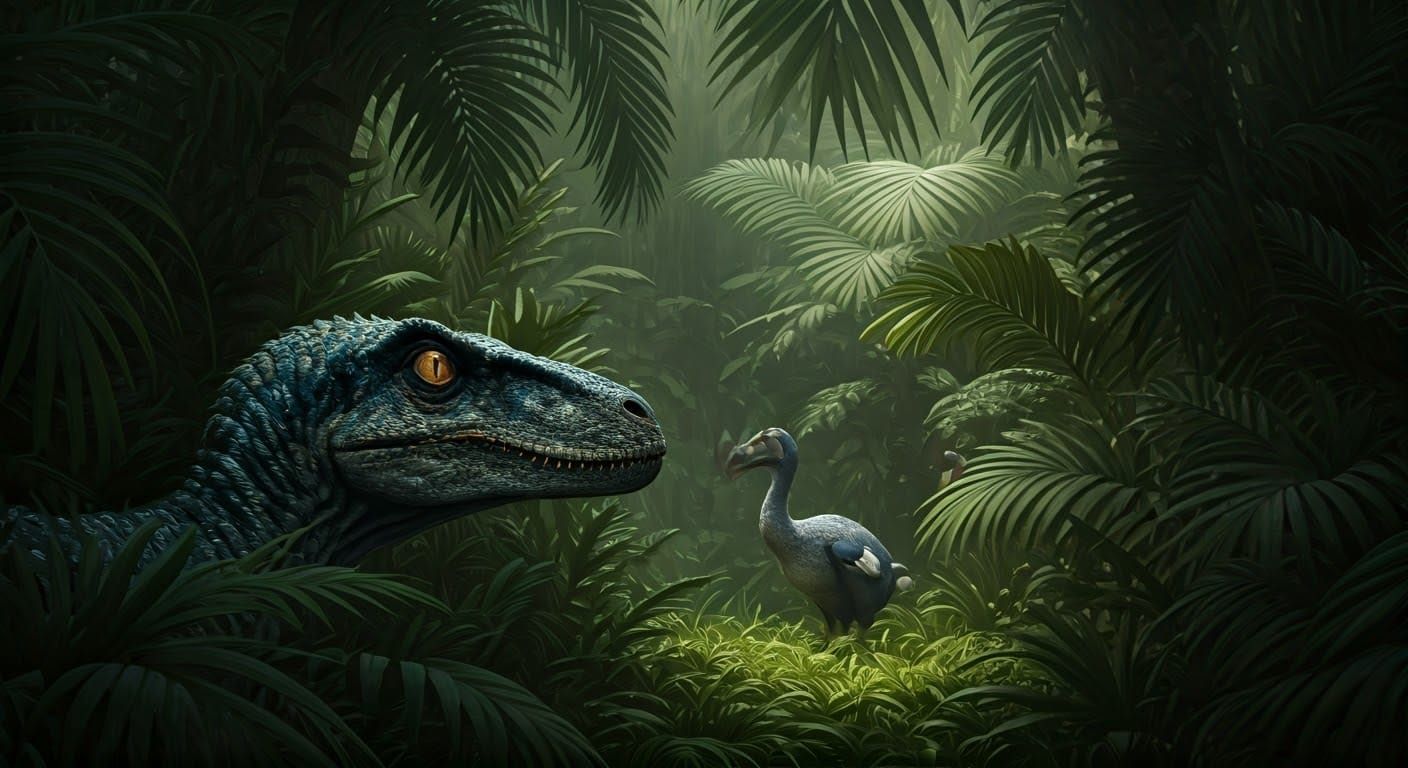 Surreptitious Velociraptor Watches Prehistoric Birds