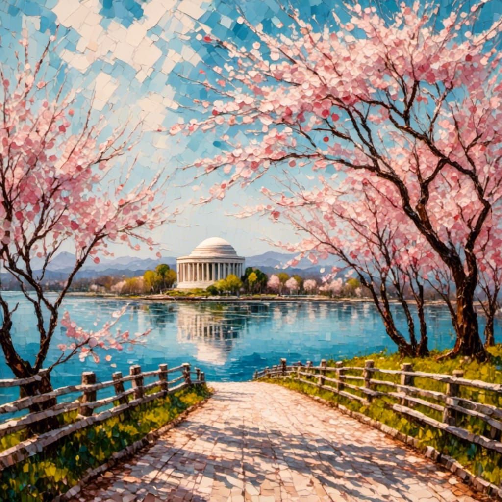 Cherry Blossoms by the Potomac: An Impasto Painting