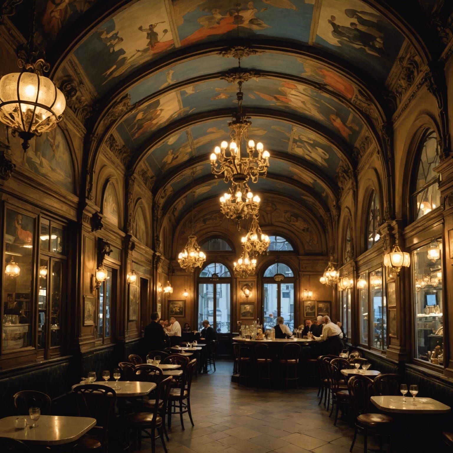 Vintage Parisian Cafe Interior at Night