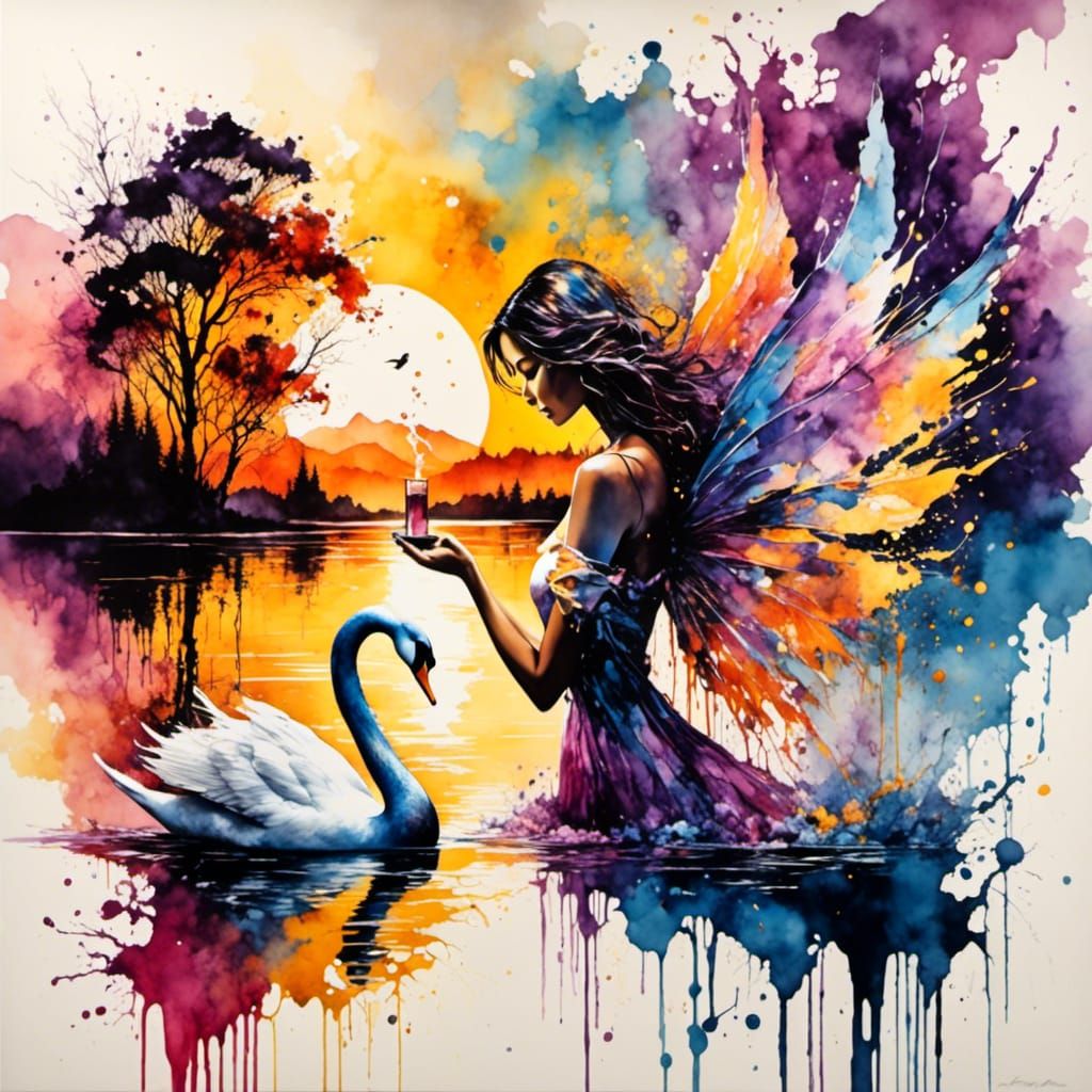 <lora:InkSplashStyle:1.0> a beautiful fairy, with a beautiful swan on a lake