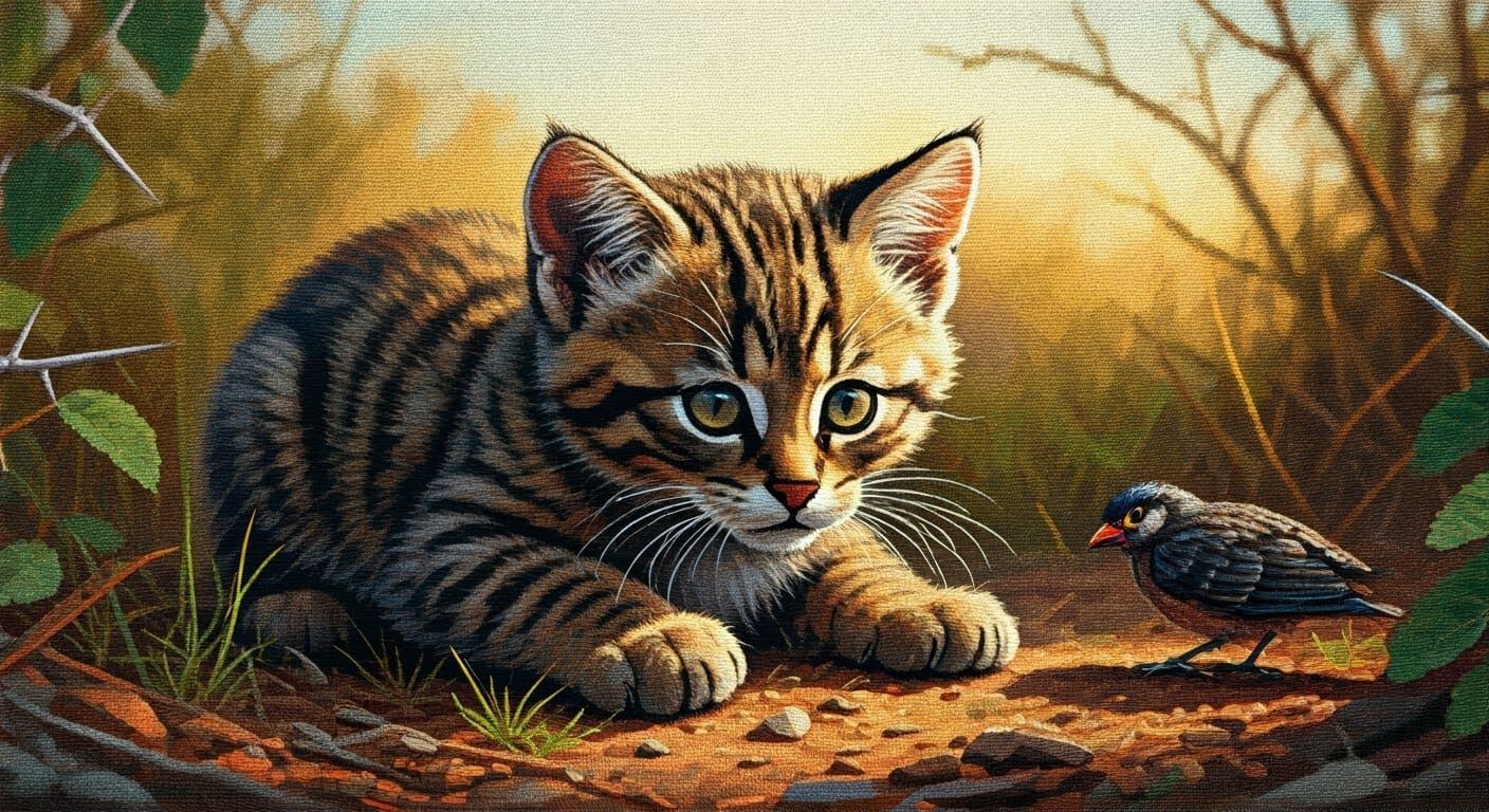 Dark Furred African Wild Cat Kitten Stalking Bird in Dense B...