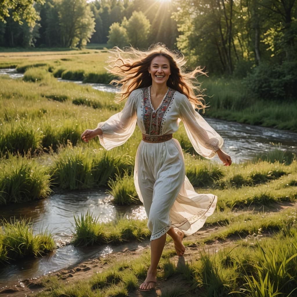 Happy Moldavian Girl Running in Sunny Field
