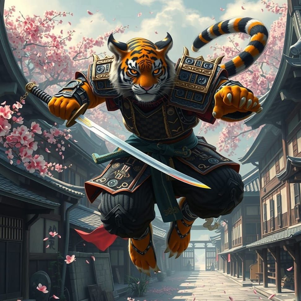 Humanoid Tiger Samurai Leaps Through Feudal Japan Village