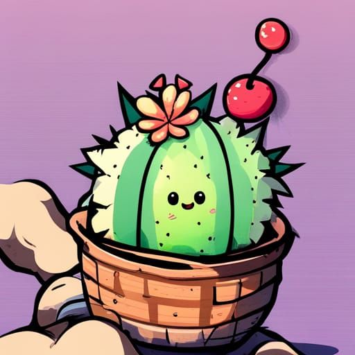 Smiling Cactus Anime Film Character with Tattoos