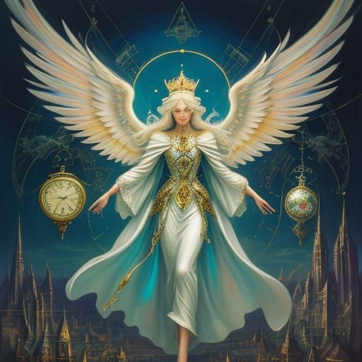 Surreal Angel in Floating Realm with Broken Clocks