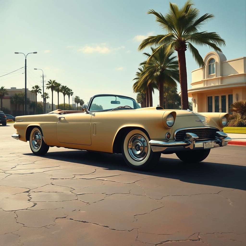 Vintage Convertible on Cracked Asphalt Road