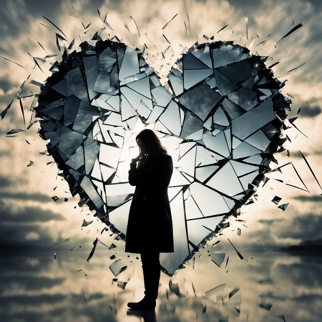 Shattered Glass Heart in Double Exposure Silhouette