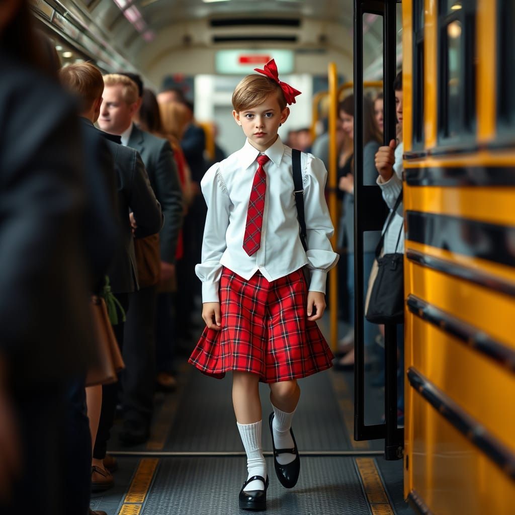 Crossdressing Student Enters School Bus, Fashion Photography