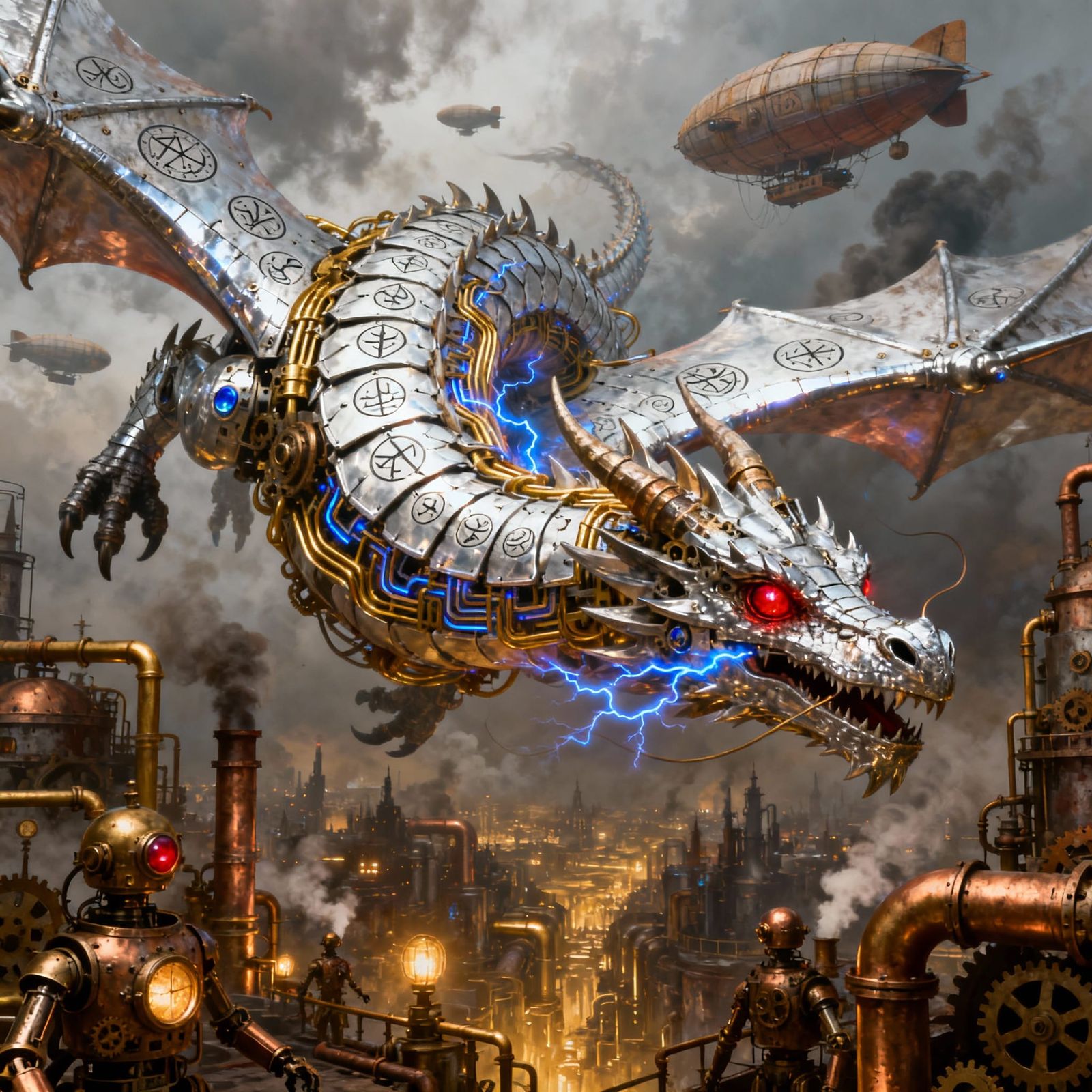Clockwork Dragon Over Steampunk City