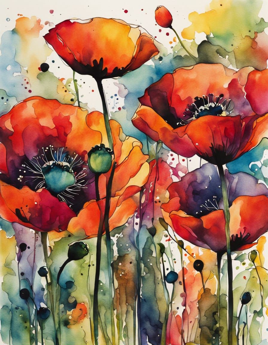 Vibrant Abstract Poppy Art in Watercolor and India Ink