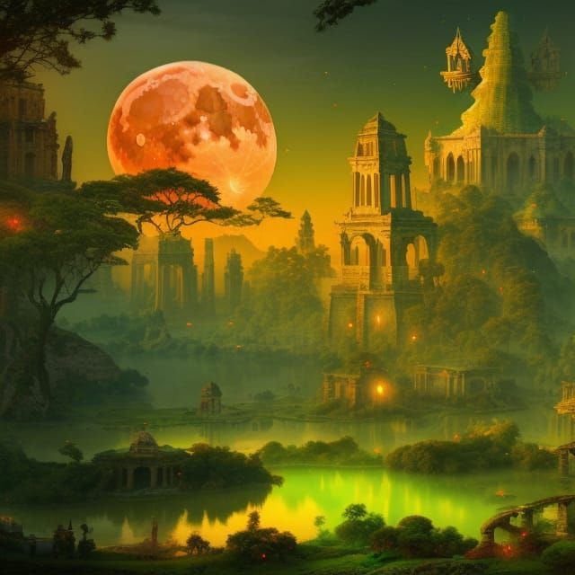 Glowing Ancient City at Sunset: Digital Matte Painting