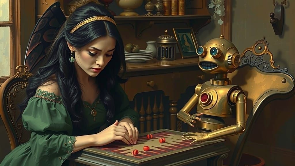 Fairy and Robot Play Backgammon, Cinematic Style