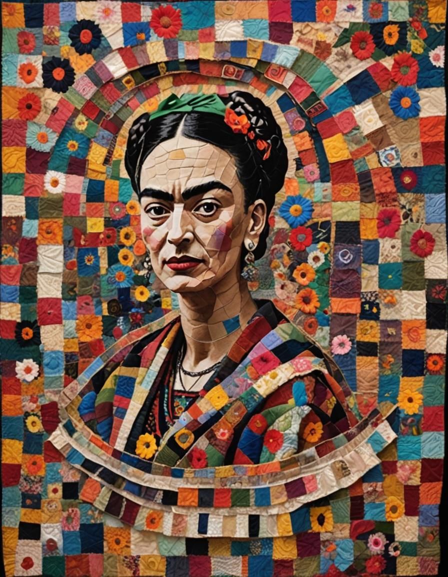 Frida Kahlo Portrait Quilt in Dreamcore Folk Art