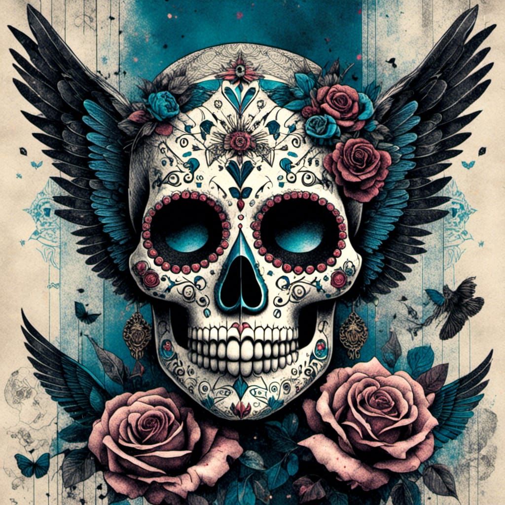 Flying Sugar Skull: Gothic Pen and Ink Illustration