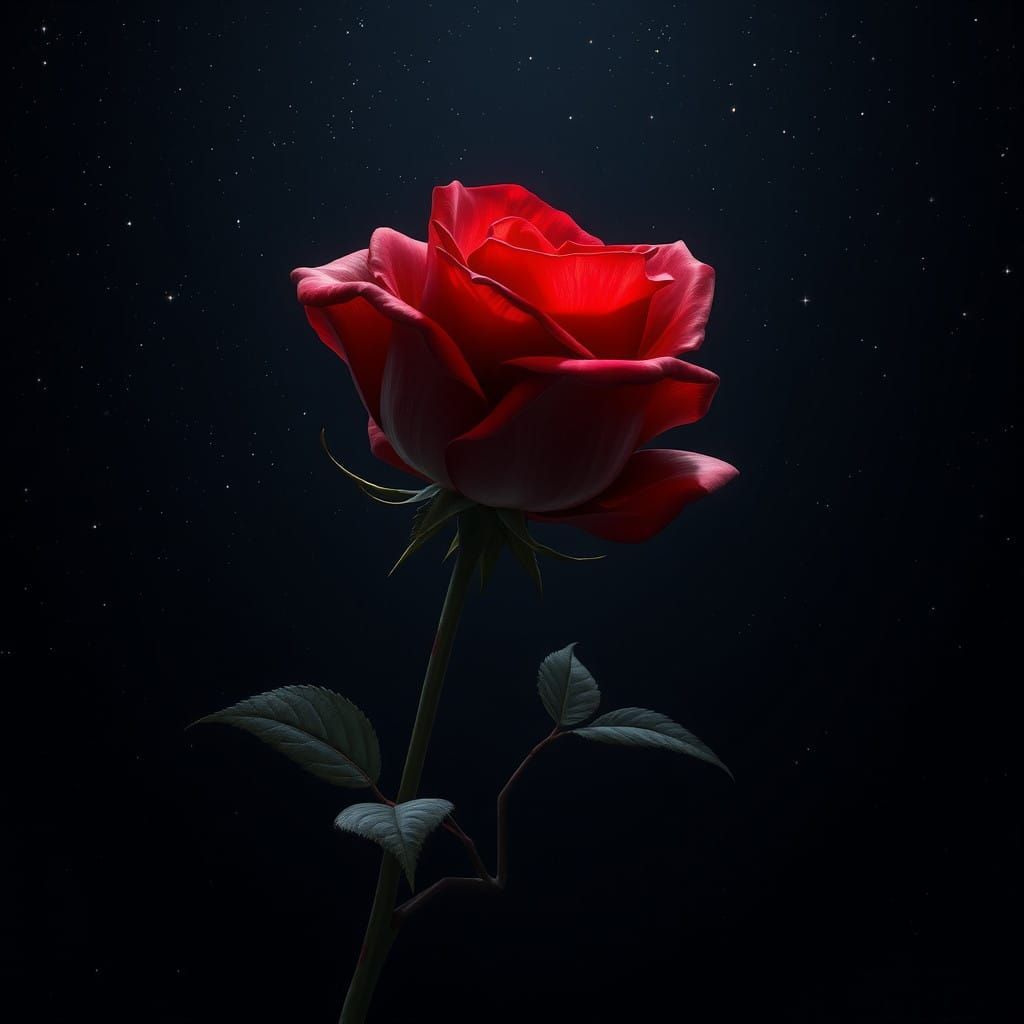 Majestic, Velvety Red Rose in a Star-Filled Nocturnal Sky