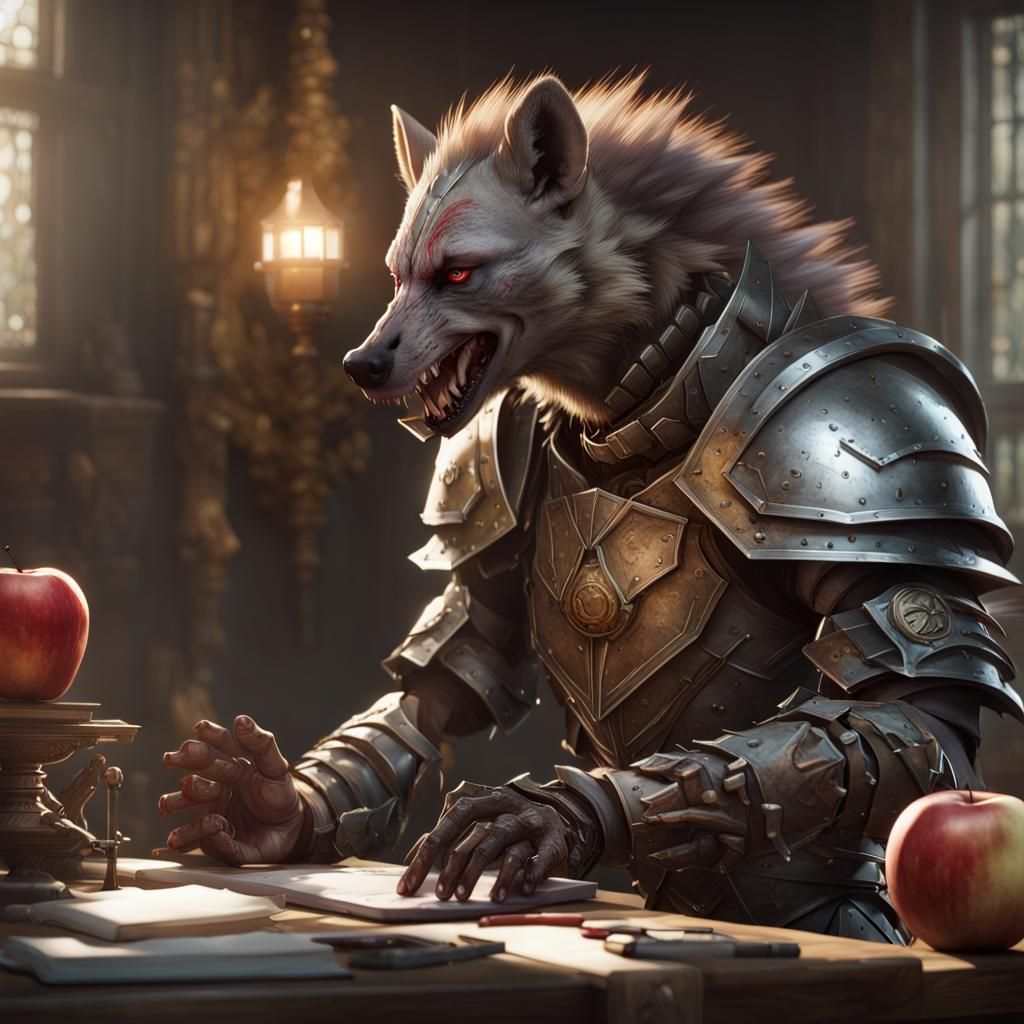 Gnoll in Metal Armor Arguing About Apples