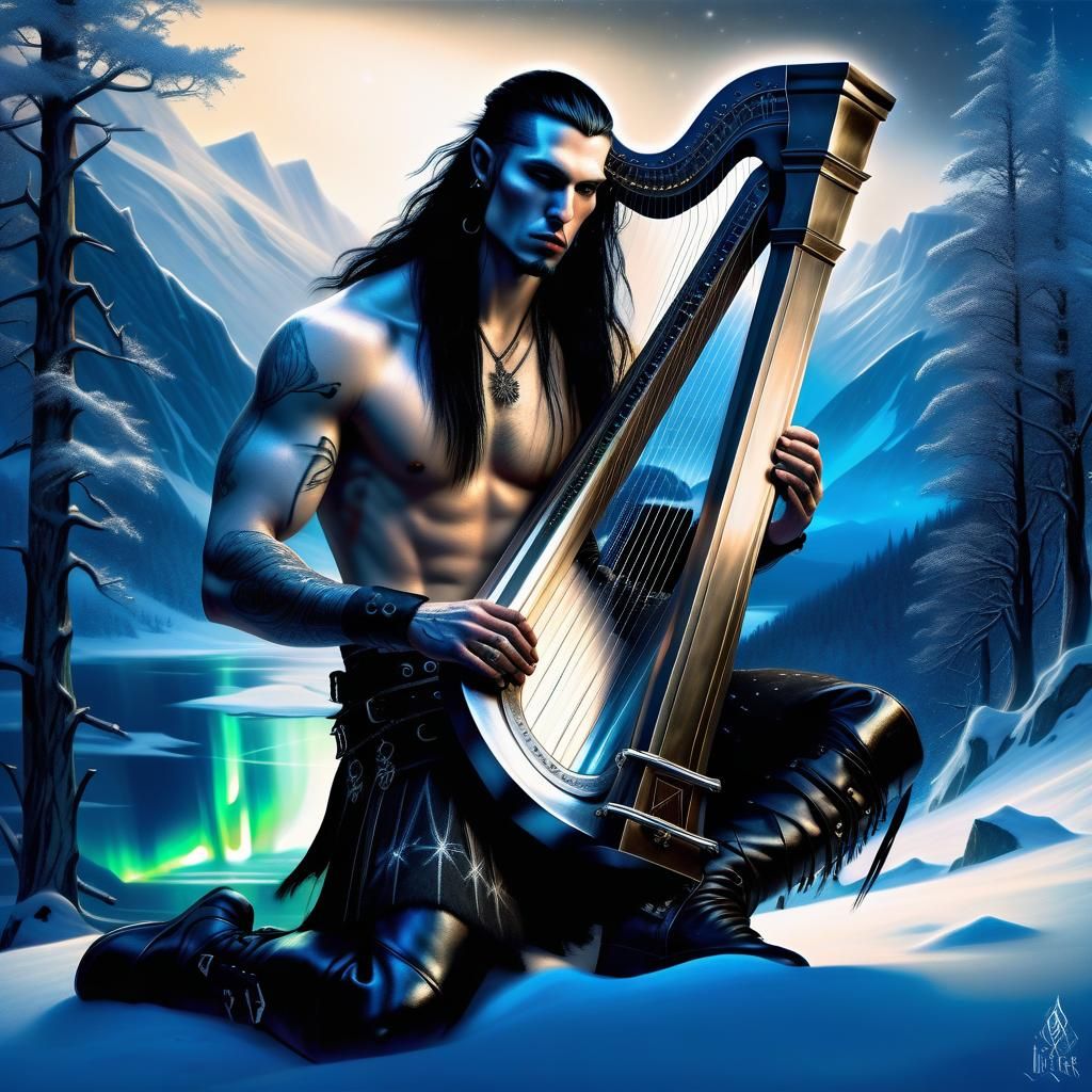 Gothic Harpist in Winter Mountain Landscape