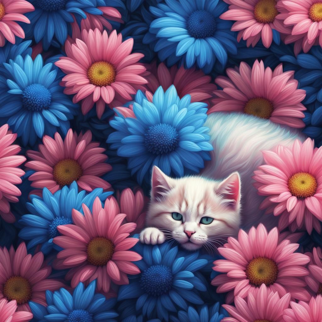 Pink Kitten's Daisy Dream: A Digital Painting