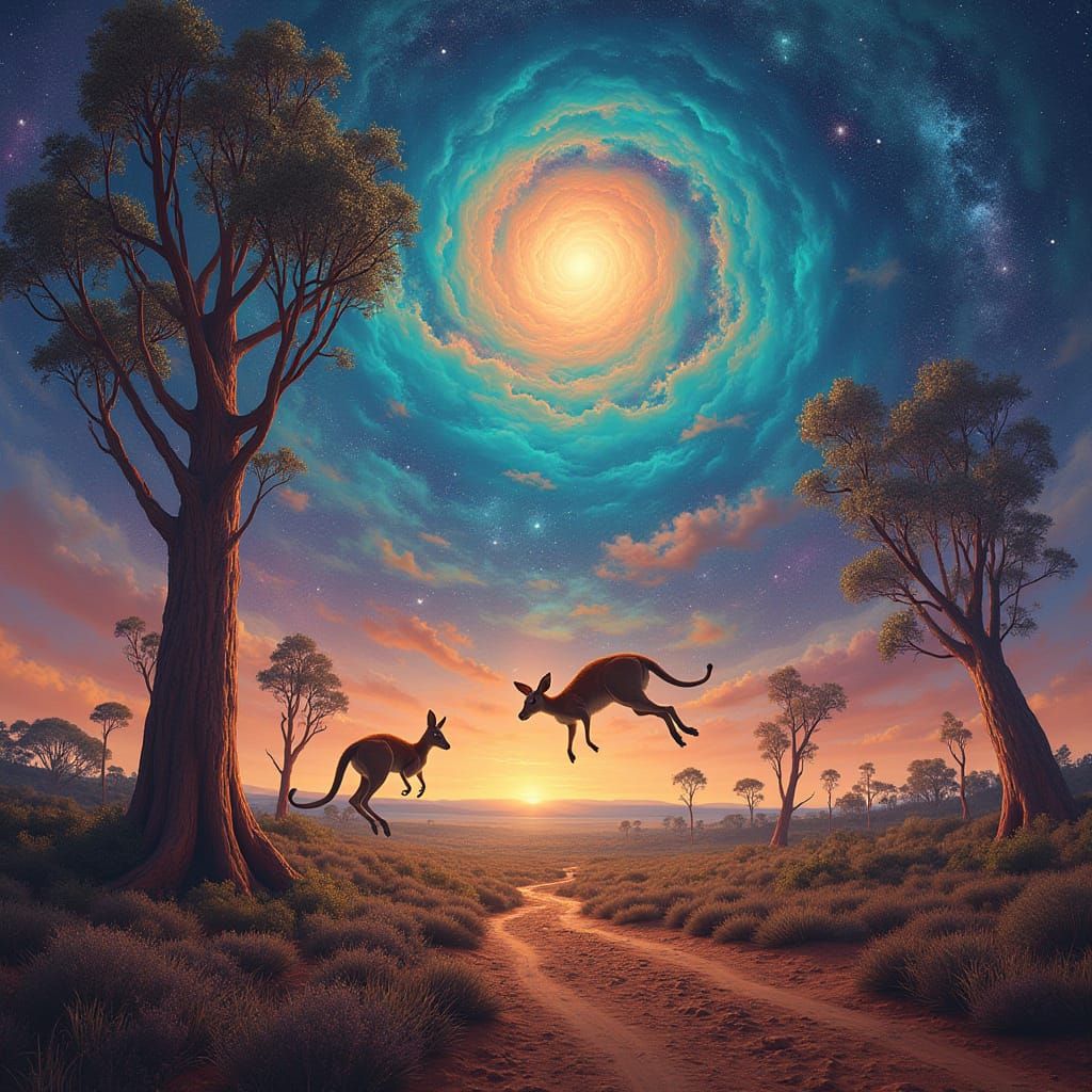 Surreal Australian Outback Landscape with Twisted Eucalyptus...