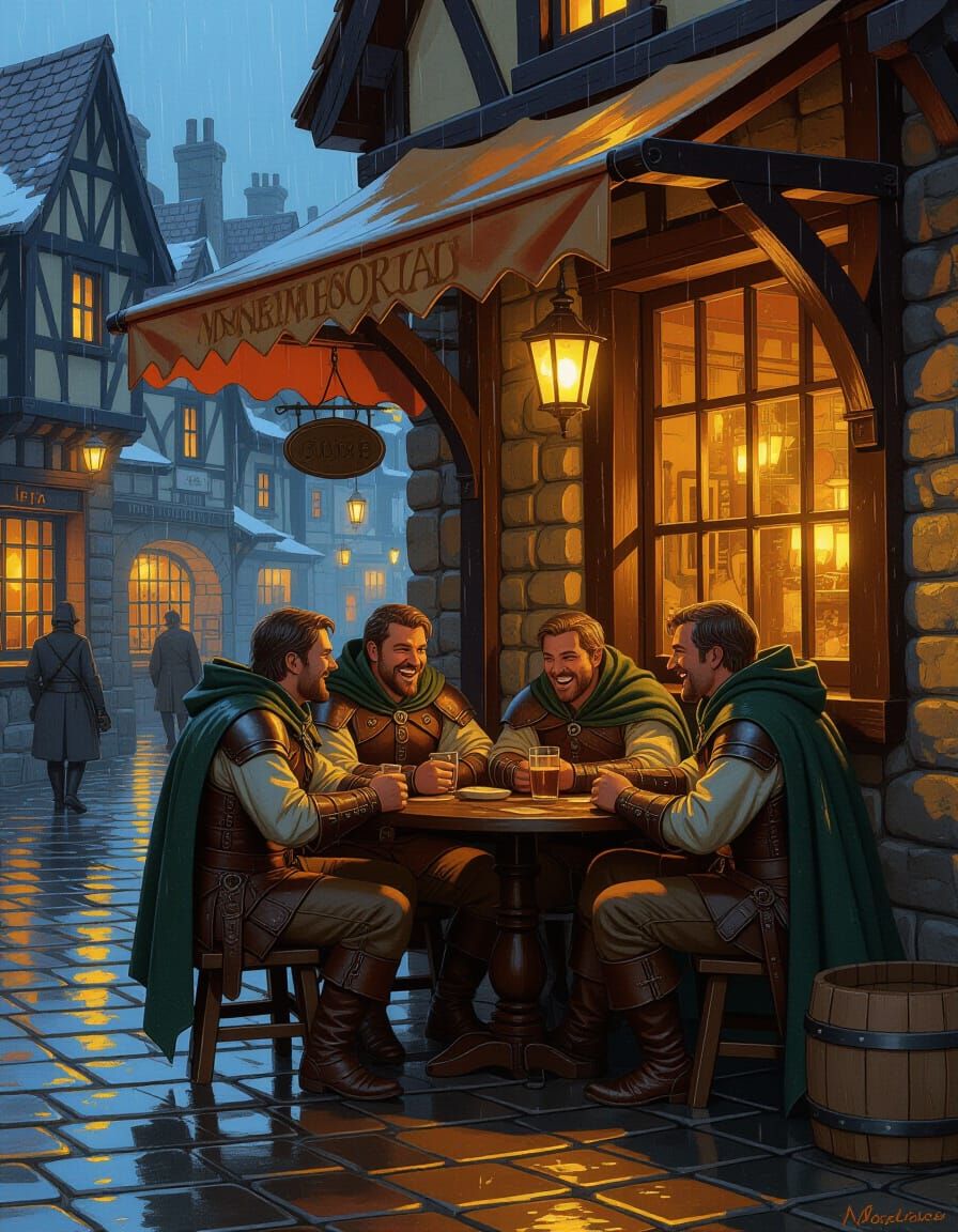 Adventurers Huddle at Rainy Tavern Entrance, Golden Light