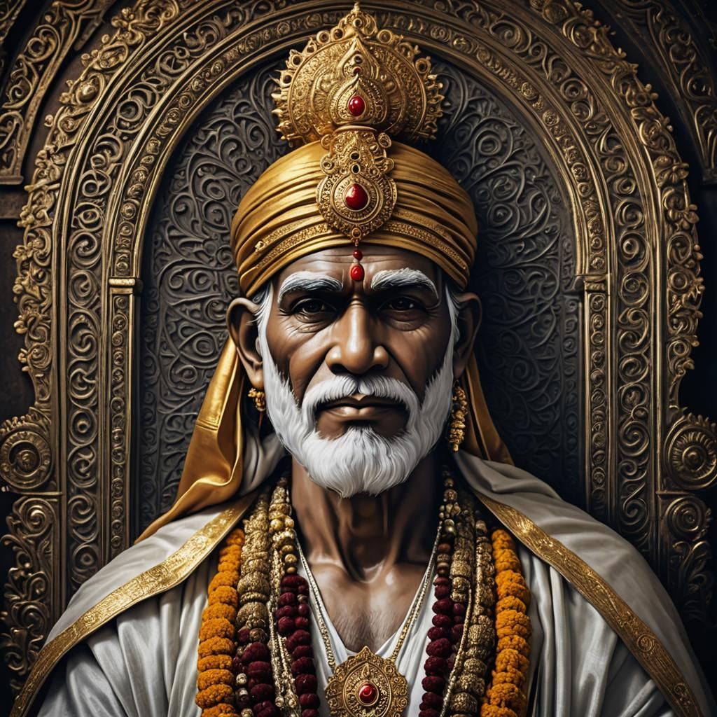 Hyperrealistic Portrait of Sai Baba with Divine Background