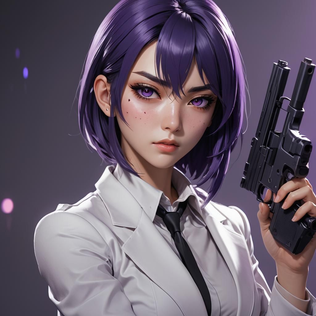 Anime Girl with Gun in White Suit - 3D Portrait