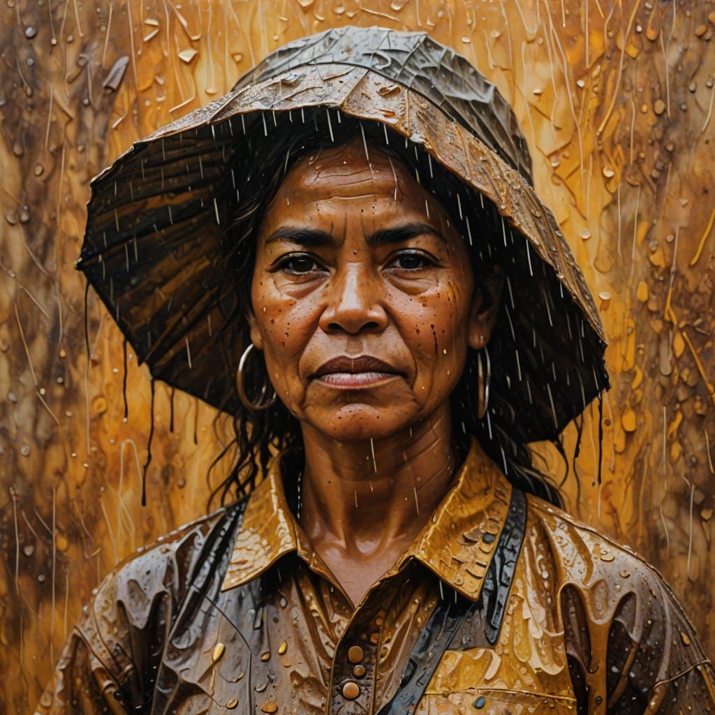 Aboriginal Woman in Rain, Encaustic Impasto Painting