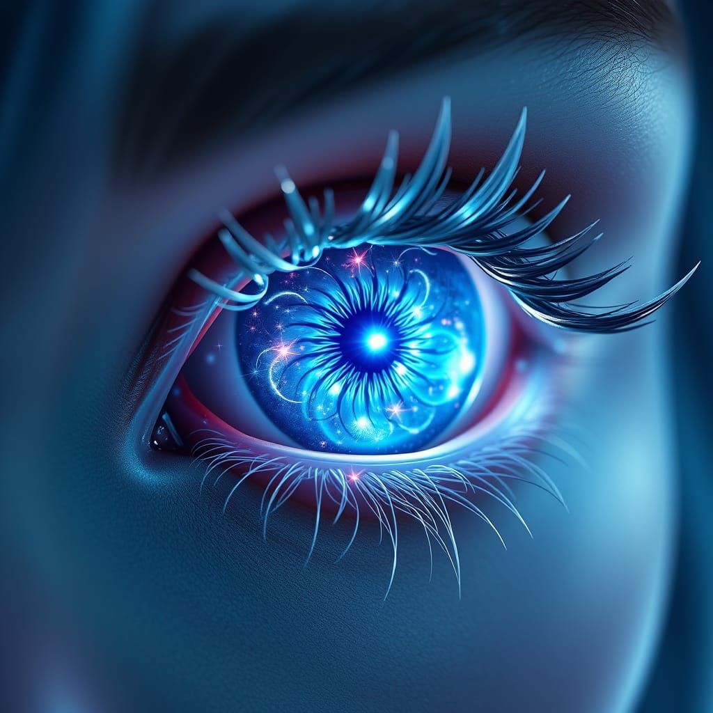 Ethereal Blue Being with Glowing Iris in a Dreamlike Scene