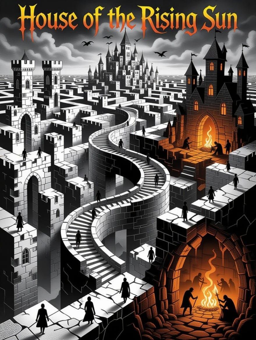 Surreal Cityscape in Black and White, with Impossible Archit...