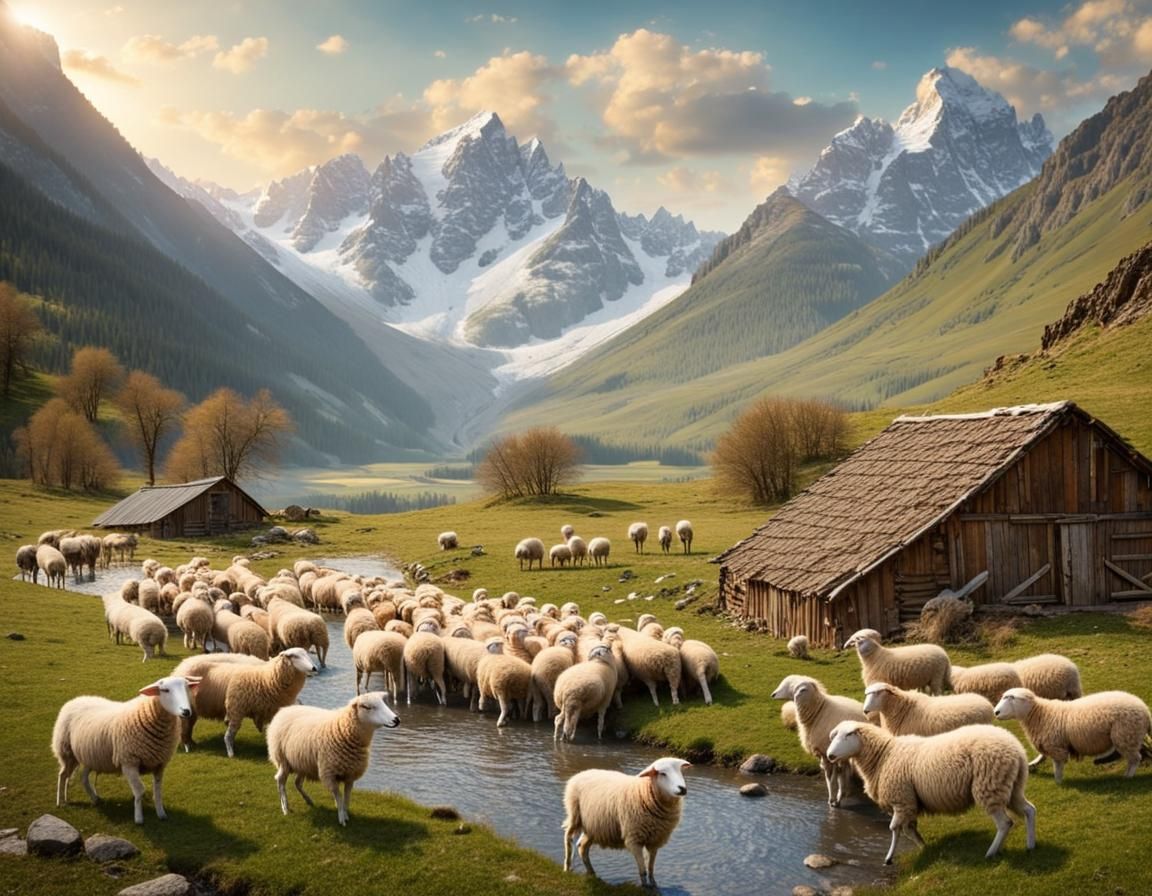 Sweeping Mountain Landscape with Sheep and Dogs