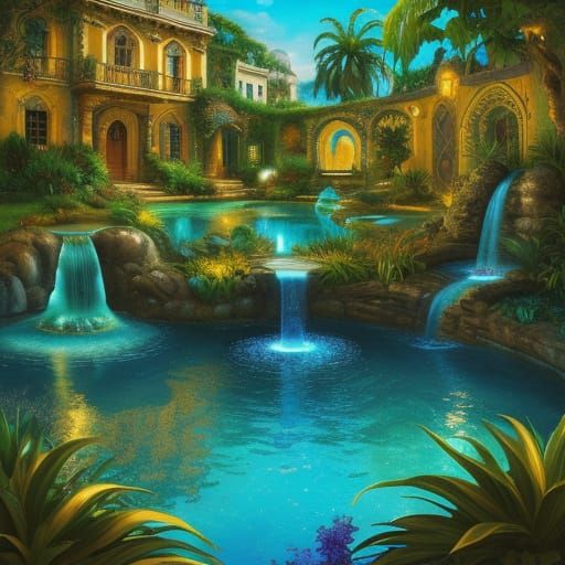 Glowing Fountain of Youth in Surrealist Style