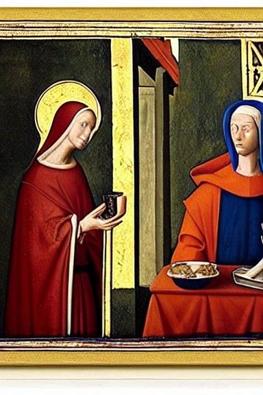 Nun and Bishop Share Breakfast Toast: Medieval Painting