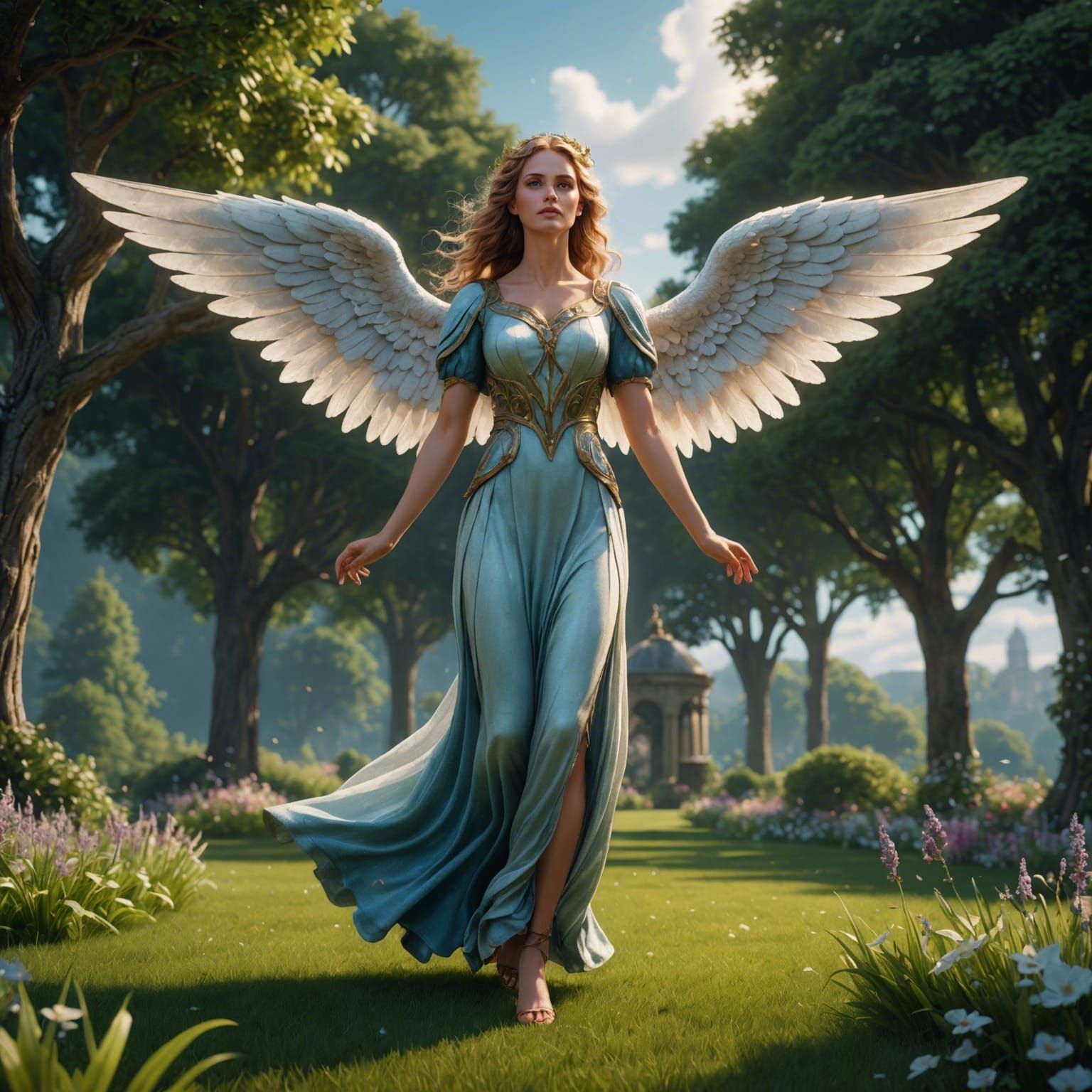 Angelic Figure Hovering Over a Lawn