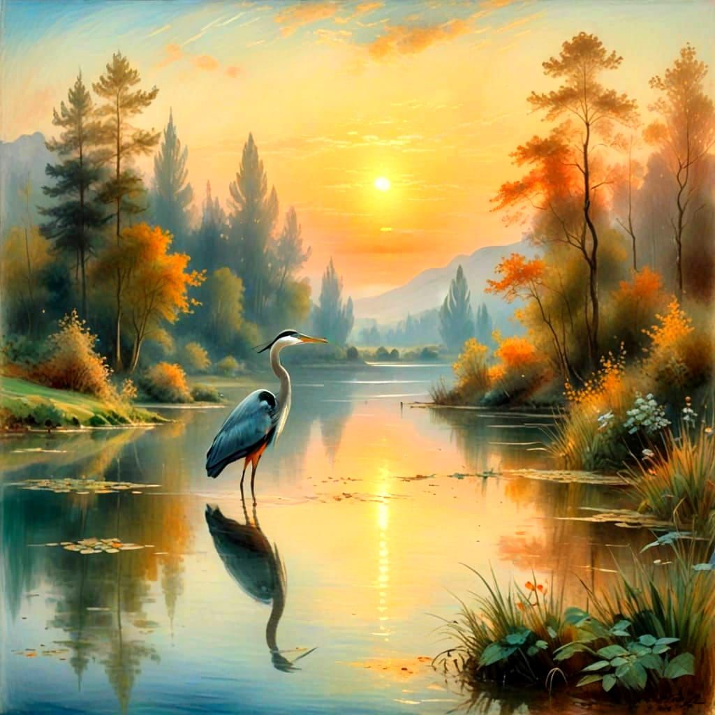 Watercolor Heron at Dusk in Serene Woodland Landscape