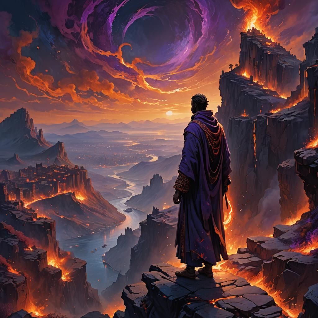 Mystical Figure Overlooks Burning Cityscape