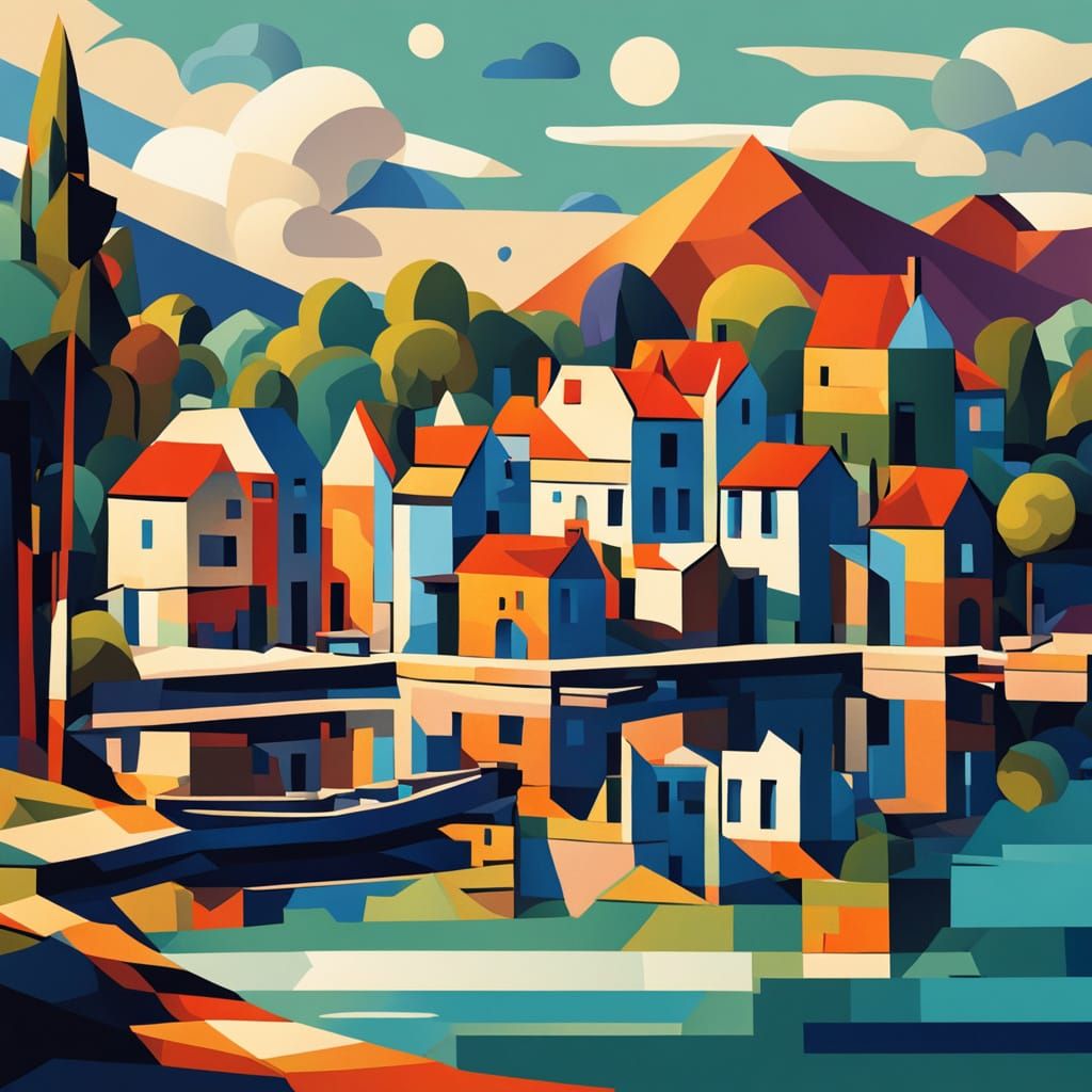 Idyllic Lake Town in Impressionistic Style