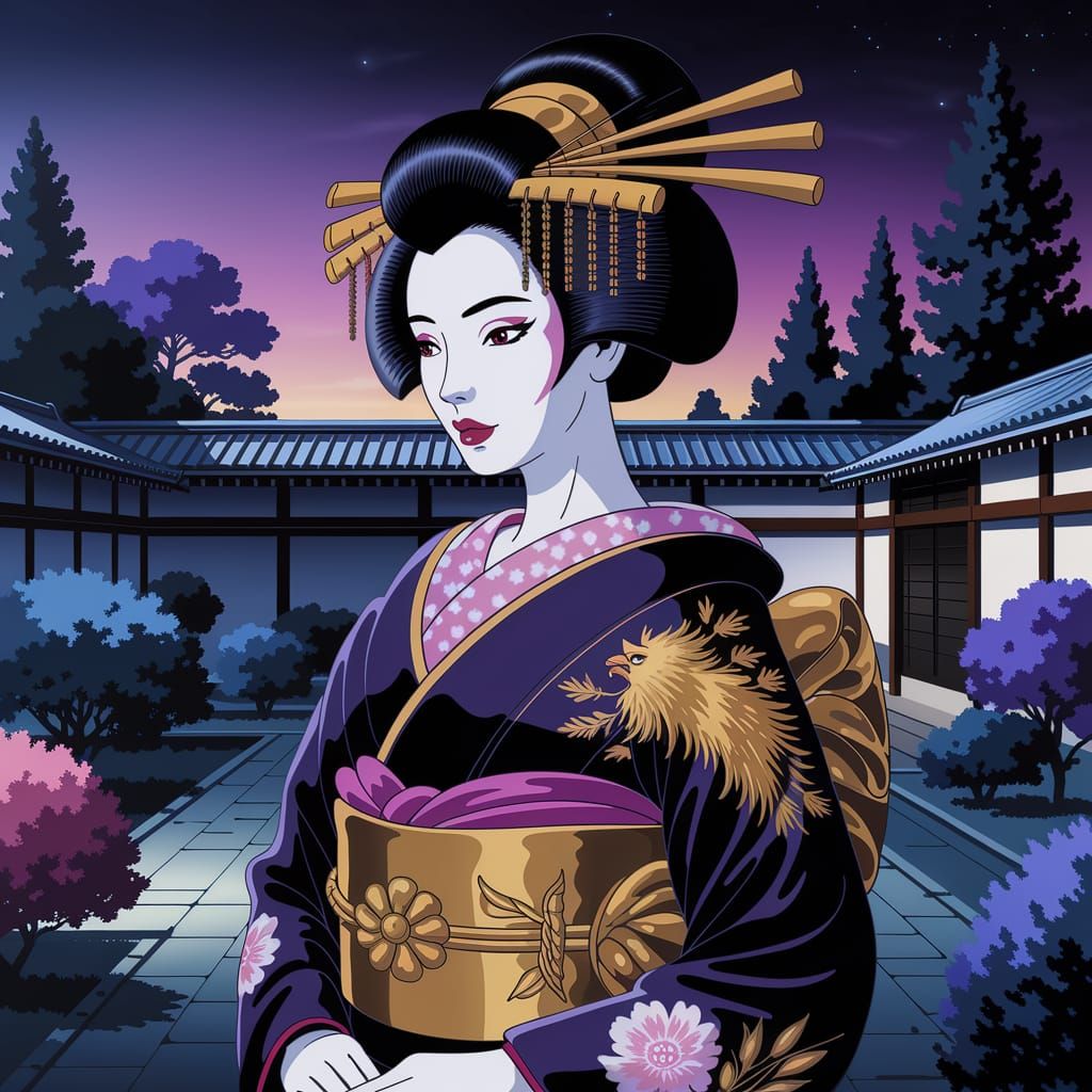 Geisha in Japanese Garden with Floral Kimono