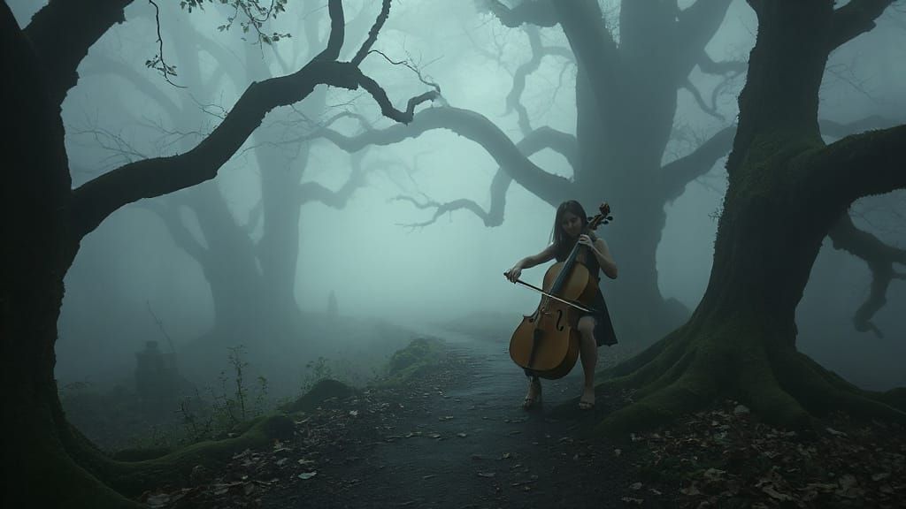 Cellist in Misty Ancient Forest Path