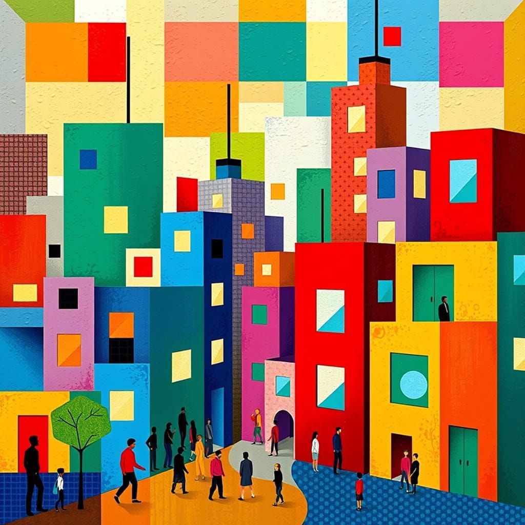 Vibrant Cityscape in Geometric Cubist Style