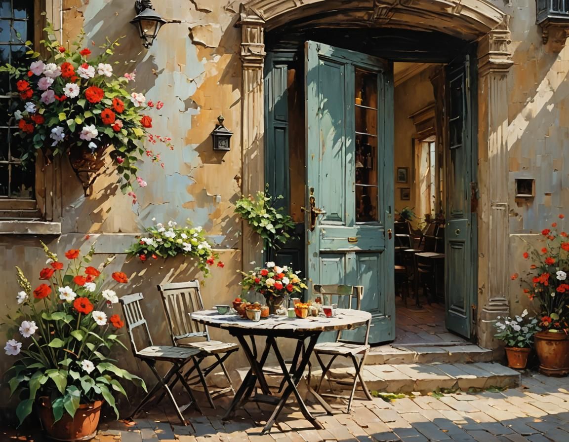 Impasto Painting of Room with Flowers and Door