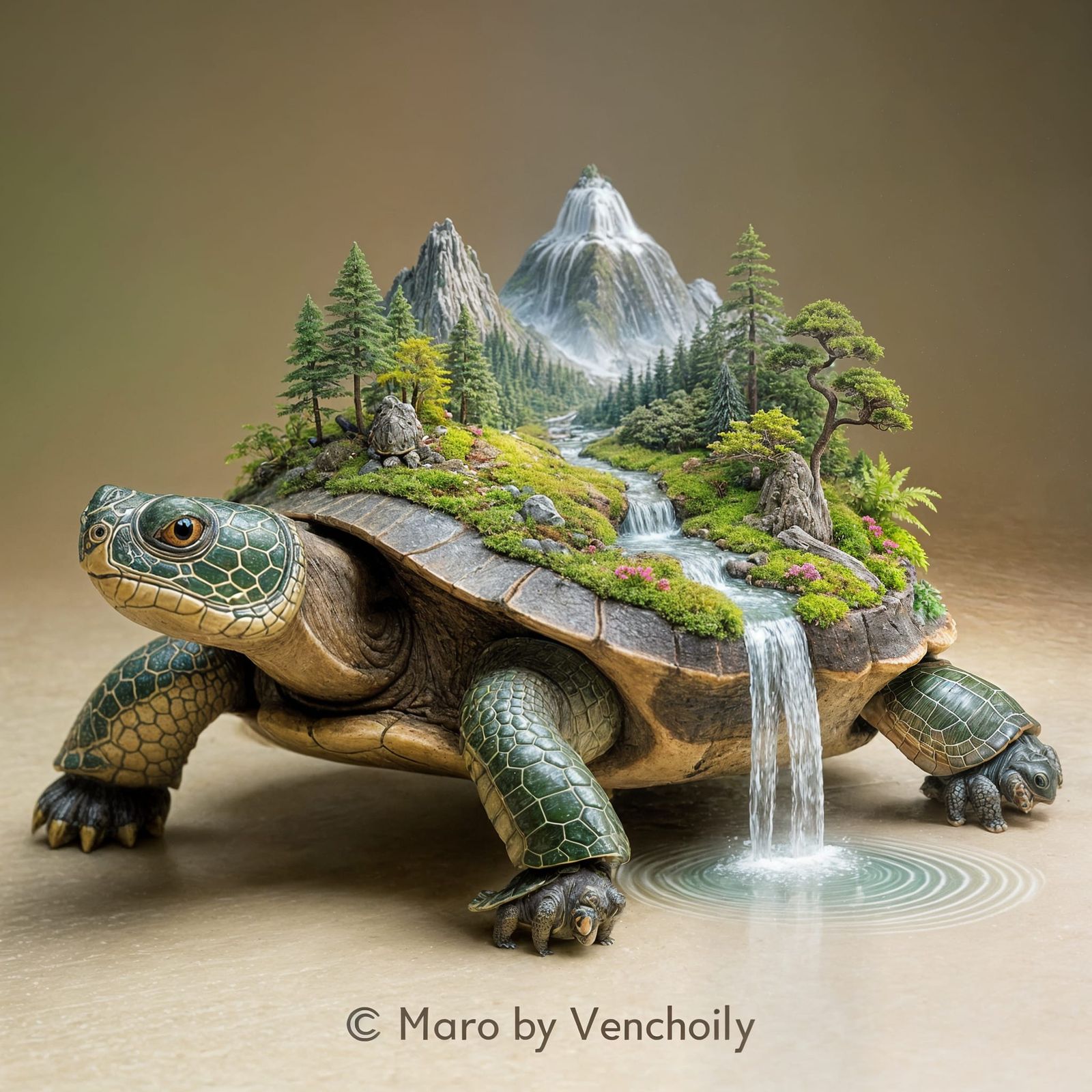 Turtle with Miniature Forest Landscape on Shell