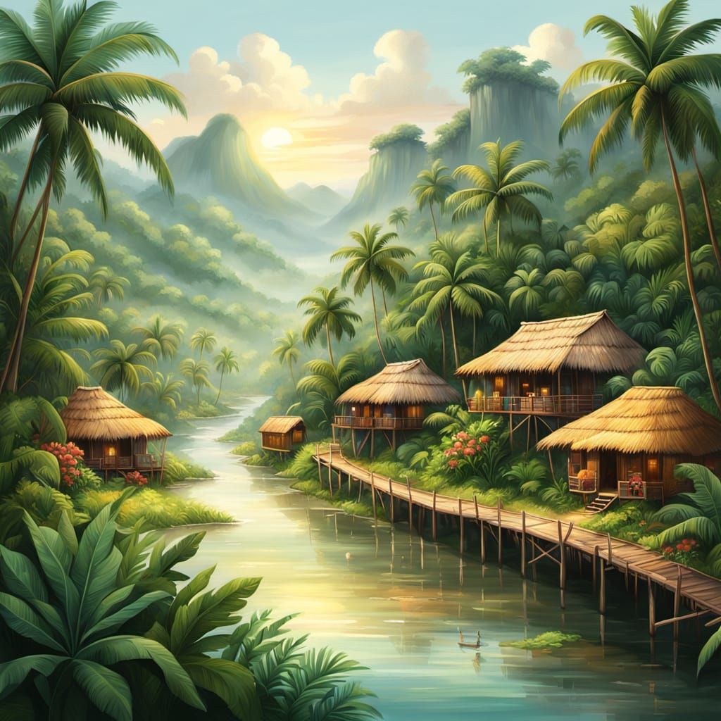 Rainforest Village: A Vibrant Oil Painting