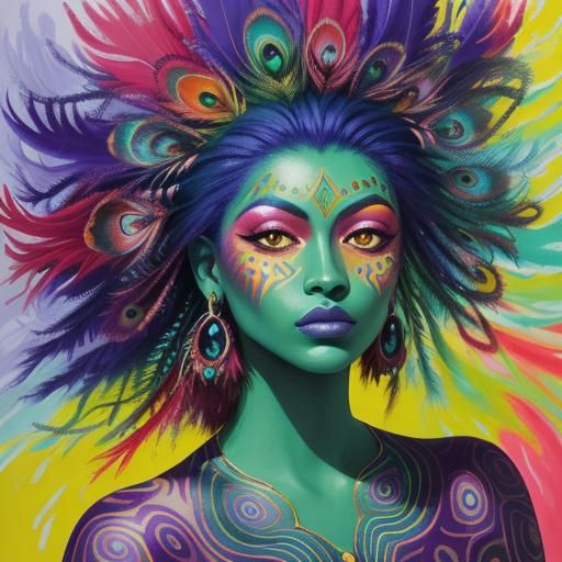 Fauvist Woman with Peacock Feathers and Swirling Colors