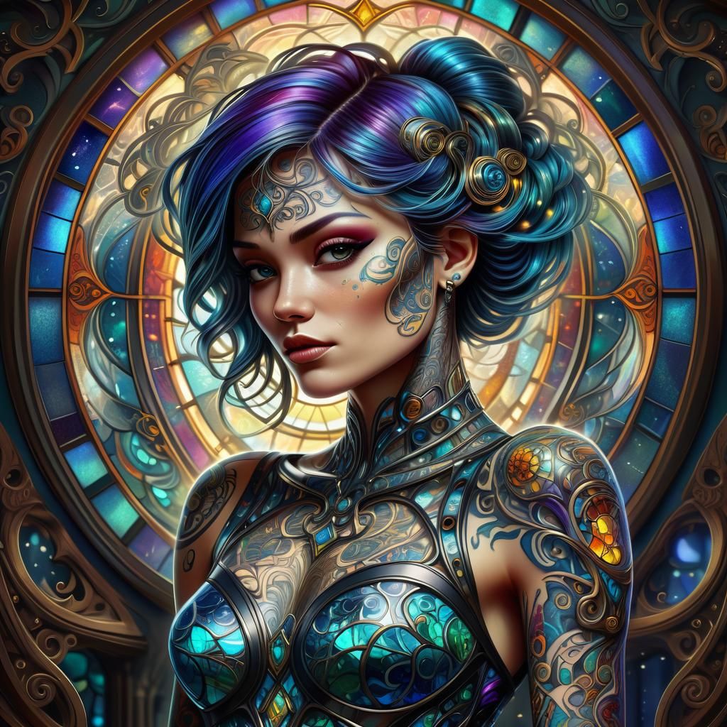 Tattooed Woman in Stained Glass Digital Art